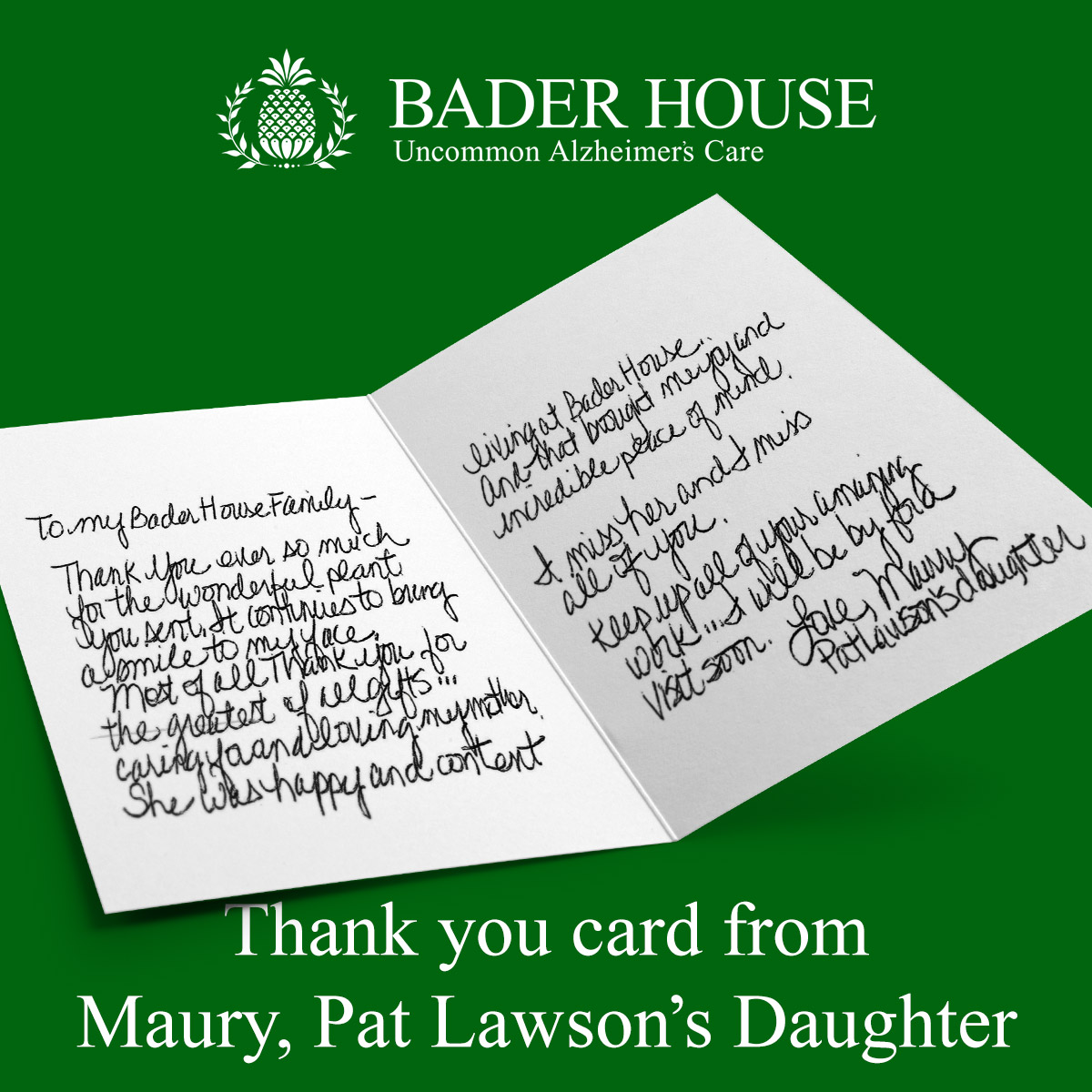 Bader House Thank you Card from Maury, daughter of patient P. Lawson
